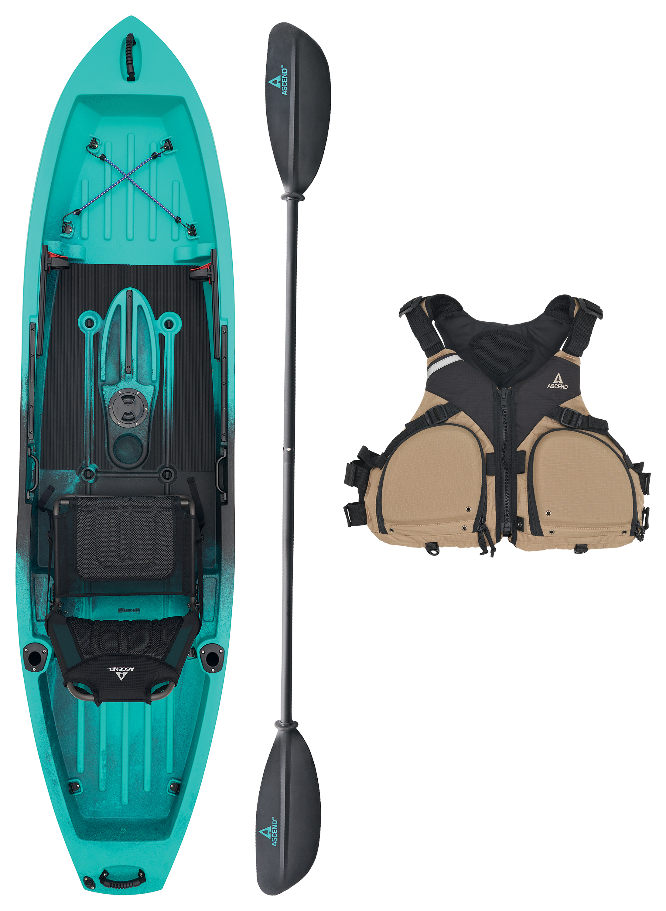 Ascend 10T SitOnTop Kayak Fishing Package with Life Jacket, and